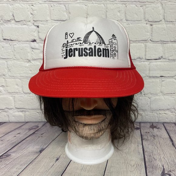 Vintage Trucker Hat Mesh Cap Snapback Red White I Love Jerusalem Graphic Print - Picture 1 of 9